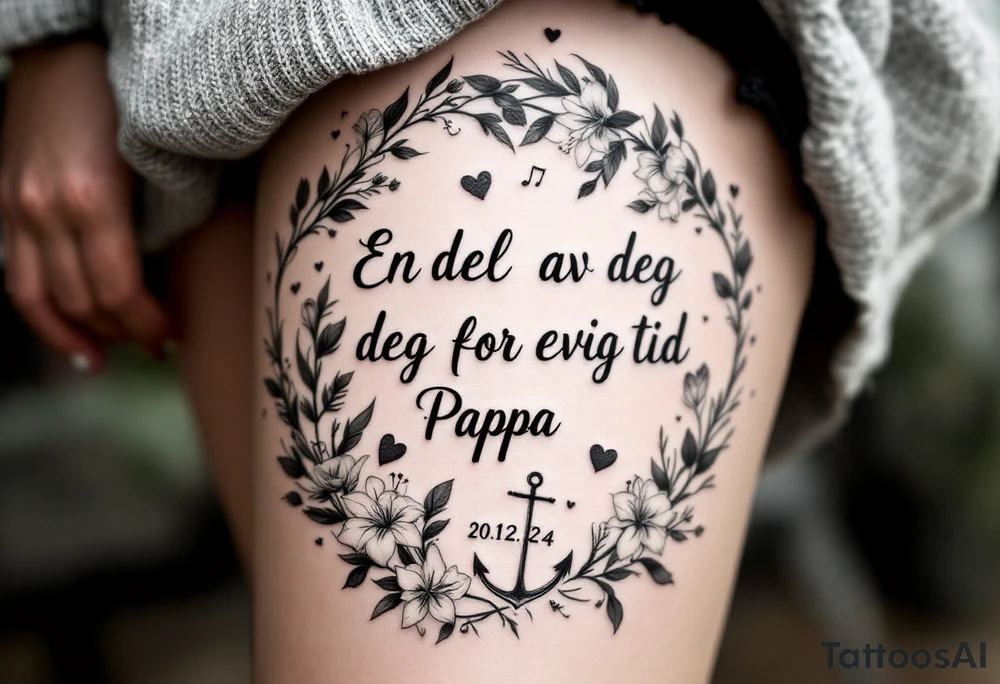 «En del av deg for evig tid
Pappa 20.12.24» Surrounded by long gladiolus, hearts, notes and an anchor tattoo idea