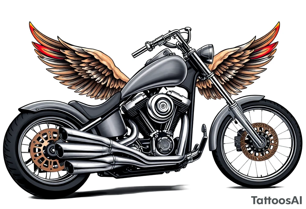 Low rider grey motorcycle, big muffler pipes with flames, angel wings tattoo idea