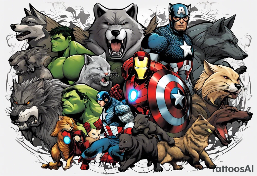 I want to change Avengers Team characters with animals. Hulk will be Badger, Thor will be Alpha Grey Wolf, Captain America will be Bull, Iron Man will be Canary, Black Widow will be Axolotl, Hawk Eye will be Sudan Plated Lizard and Nick Fury will be Cat. tattoo idea
