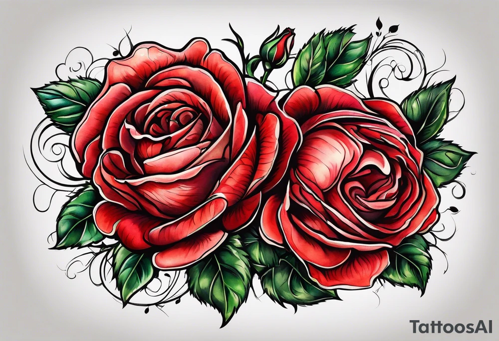 old school roses, red, highly detailed tattoo idea
