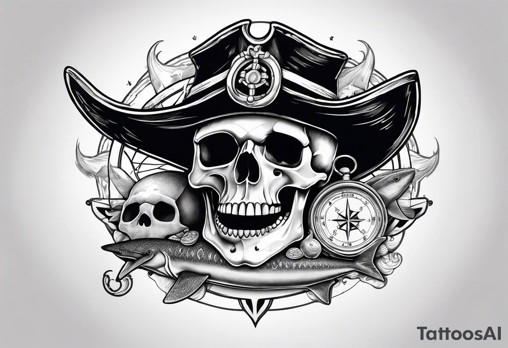 Nautical pirate themed compass with a skull, oyster with pearl, shark and starfish. Placed on the shoulder tattoo idea