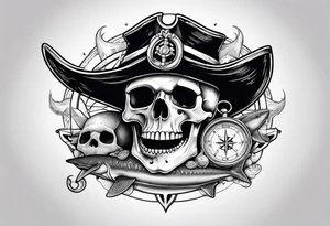 Nautical pirate themed compass with a skull, oyster with pearl, shark and starfish. Placed on the shoulder tattoo idea