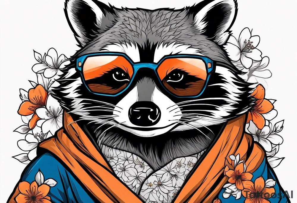 raccoon wearing a black and white Superman hoodie and orange Japanese cherry blossoms tattoo idea