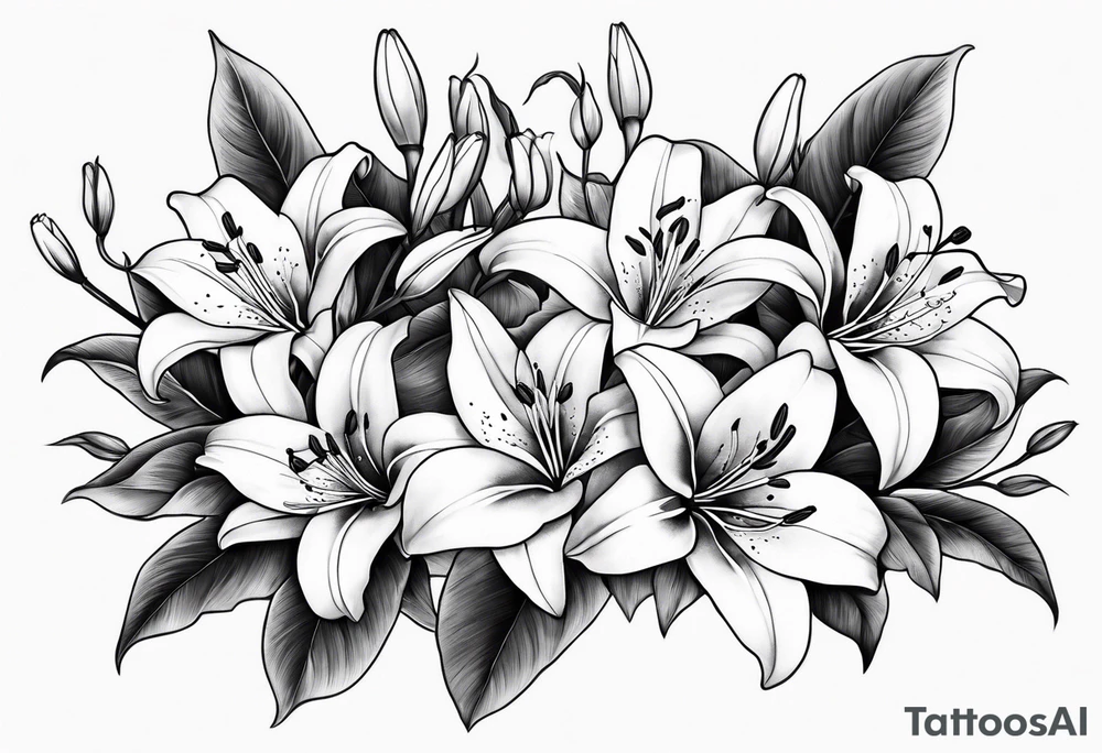 5 lilies and cherry blossom branch tattoo idea