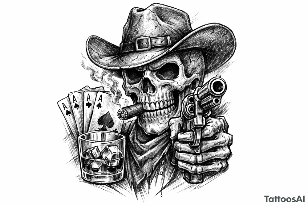 skull with cowboy-hat, cigar in his mouth, a gun in a hand, playing cards, whiskey-glass. tattoo idea