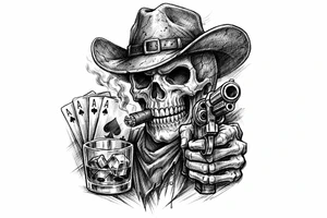 skull with cowboy-hat, cigar in his mouth, a gun in a hand, playing cards, whiskey-glass. tattoo idea