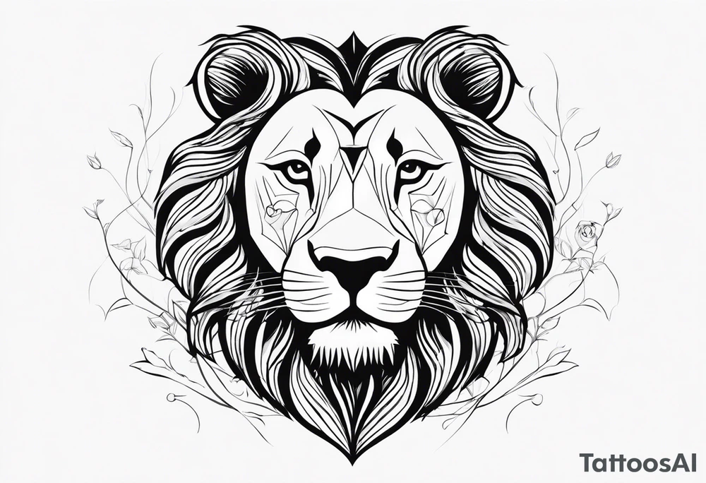 Moitie Visage lion avec son bebe avec trait super fin entouré d'un cœur tattoo idea
