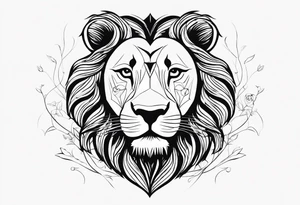 Moitie Visage lion avec son bebe avec trait super fin entouré d'un cœur tattoo idea