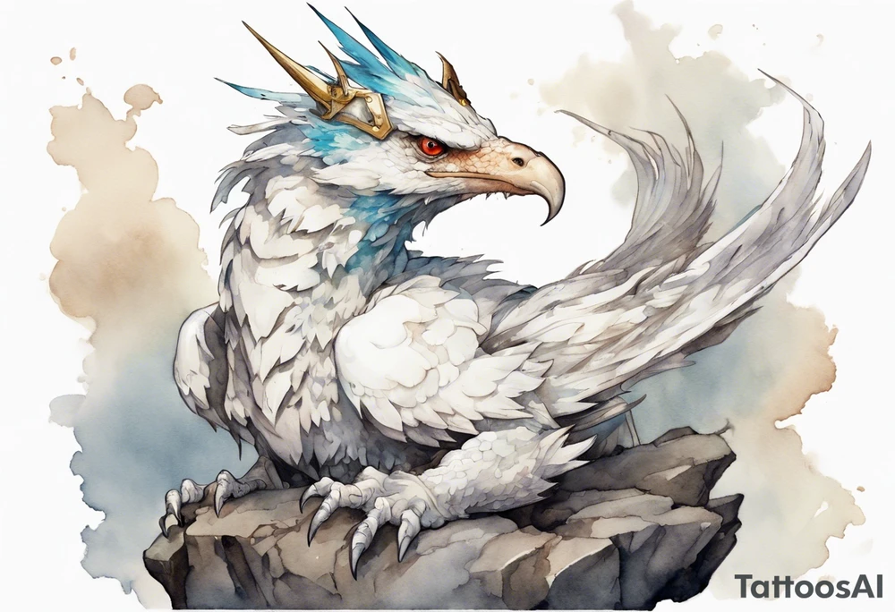 a white bird-wyvern hybrid, wearing a plain iron crown on head, perched on a stone tattoo idea