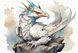 a white bird-wyvern hybrid, wearing a plain iron crown on head, perched on a stone tattoo idea