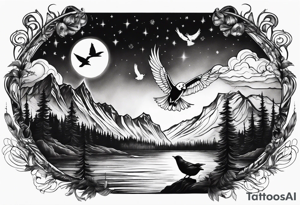 Northern lights with Pennywise and birds tattoo idea
