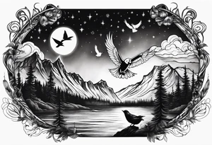 Northern lights with Pennywise and birds tattoo idea