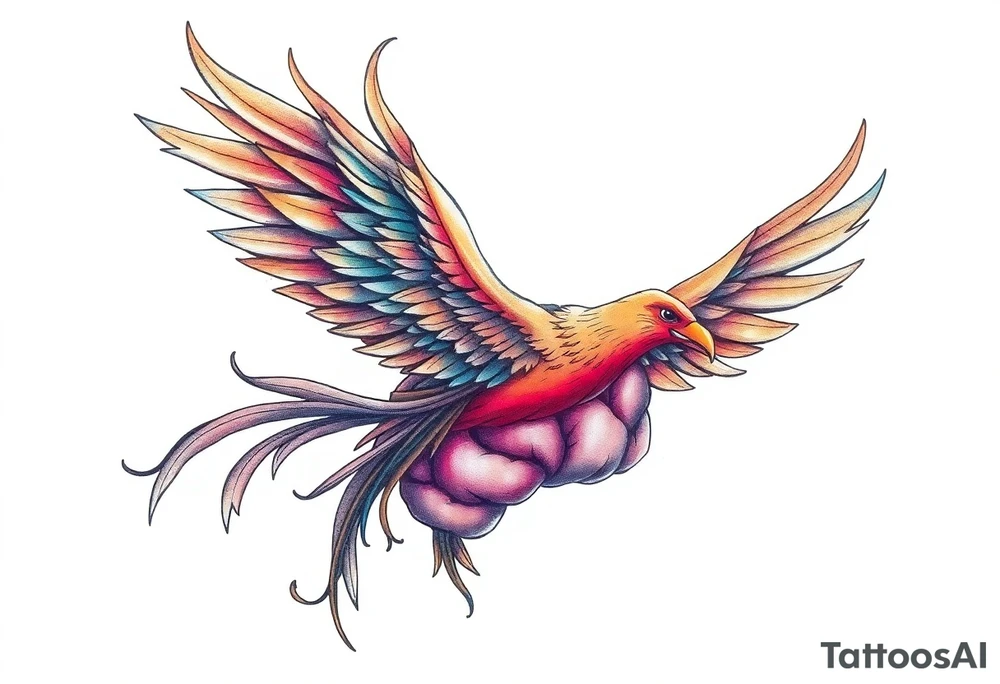 A phoenix flying out of a brain colorful tattoo idea