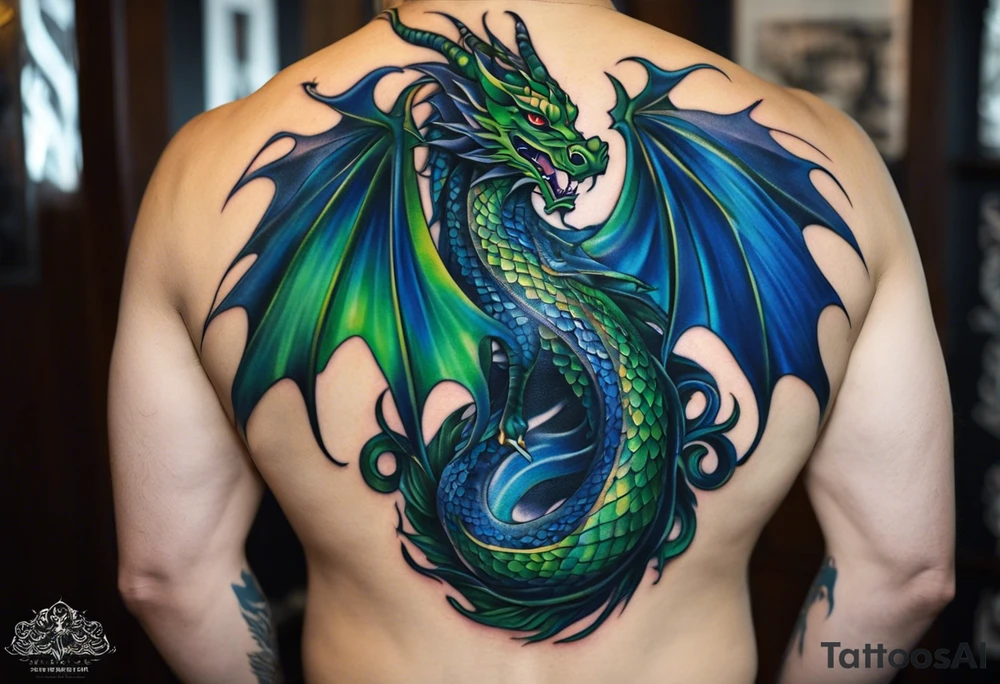 Surrealistic Tattoo: An epic with no wings, floating. Its long body coiling dynamically, with scales and horns detailed to create a sense of movement and strength. The dragon's main color is midnight blue but features accents in green, blue, and gold, giving a vibrant depth and a mystical aura. This tattoo highlights the dragon’s fierce expression and sharp claws as it wraps protectively around the leg. Style: Surrealism tattoo idea