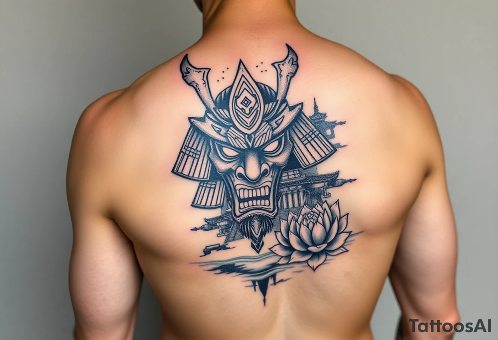 arm Sleeve.
Samurai oni mask, Japanese temple, water, lotus tattoo idea