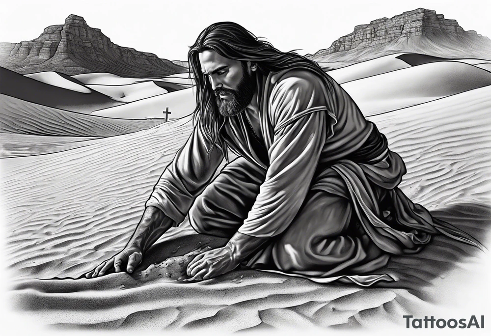 man crawling in a desert reaching to the cross of Christ tattoo idea