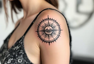 a half circle sundial mimicking the shape of the shoulder tattoo idea