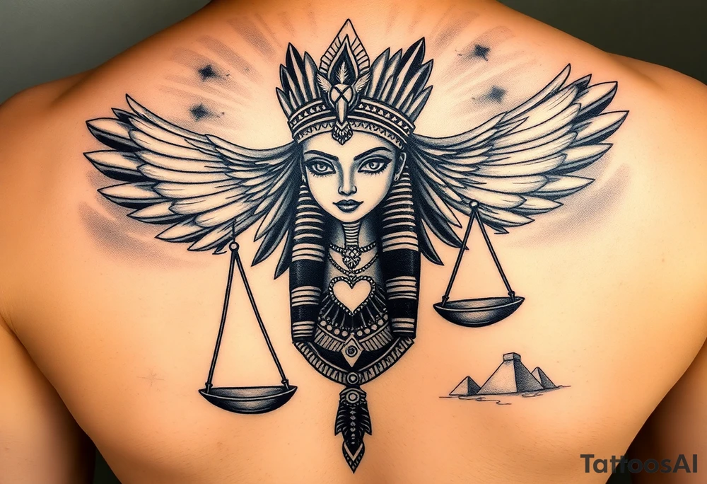 “Super realistic black and grey tattoo of the Egyptian goddess woman, depicted as a regal woman with an ostrich feather headdress, intense glowing eyes, and intricate ancient Egyptian jewelry. She stands or floats amidst swirling cosmic energy and beams of light, with subtle hieroglyphics and pyramids in the background. Incorporate the Scales of Justice—one side holding a heart, the other Ma’at’s feather—glowing with ethereal energy. Emphasize dramatic lighting, deep shadows, and surreal, mystical atmosphere to match a sleeve with Anubis and cosmic motifs. Design should flow with existing sleeve art, using soft transitions and layered textures. tattoo idea