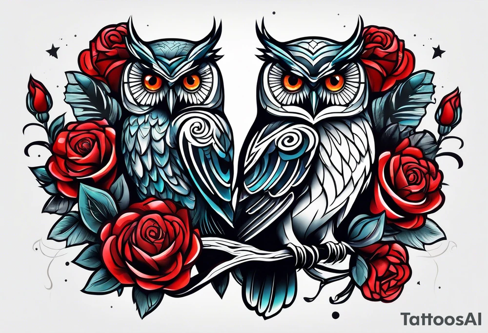 Color Owl with red roses tattoo idea