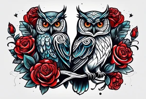 Color Owl with red roses tattoo idea