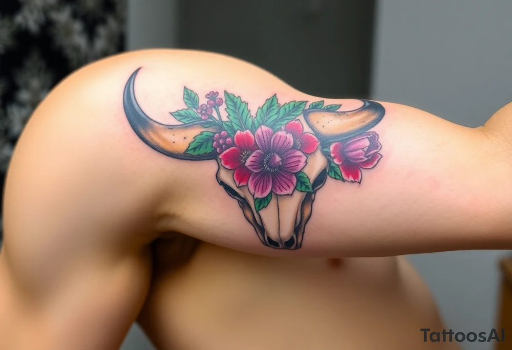 Buffalo or bison skull with flowers.green holly with red berries, purple larkspur,  red peony. Colour. For upper arm or shoulder. Masculin. tattoo idea