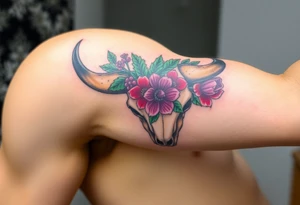 Buffalo or bison skull with flowers.green holly with red berries, purple larkspur,  red peony. Colour. For upper arm or shoulder. Masculin. tattoo idea