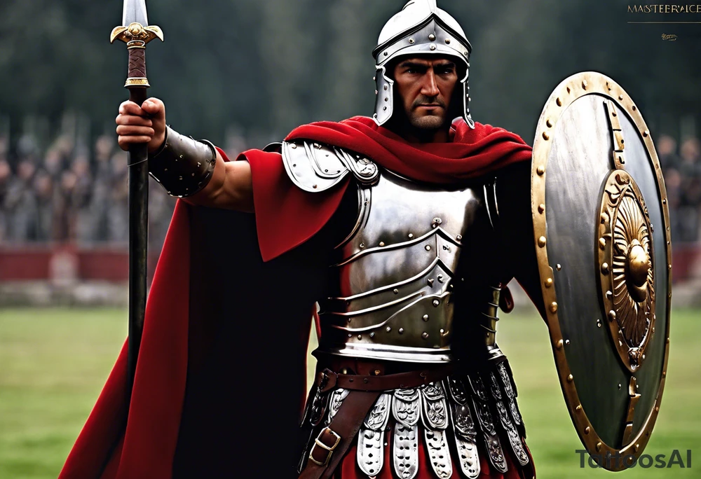 a high ranking roman centurion, soldier, AD 60, wearing armour which must include an armoured belt, breastplate, armoured shoes, shield, helmet and sword. the soldier is strong, tall, large, fit, muscular. the soldier is faceless. We can see the full body of the centurion, from his shoes to his helmet. The soldier is mid-battle, fending off flaming arrows with his shield, advancing towards the enemy, attacking the enemy. attacking pose. The image should be extremely detailed. Need to see the full soldier. tattoo idea