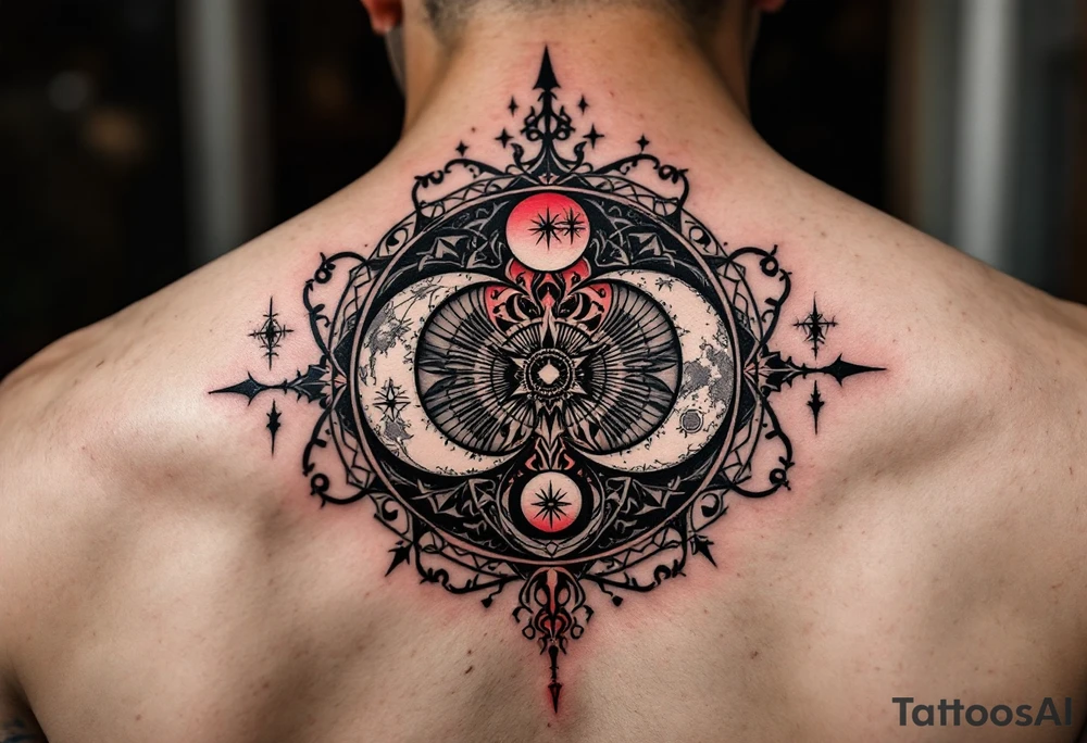 A black and crimson protective circle with mirrored crescent moons and protective sigils inside. tattoo idea