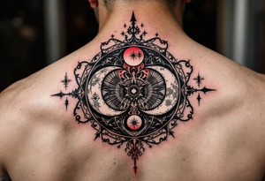 A black and crimson protective circle with mirrored crescent moons and protective sigils inside. tattoo idea