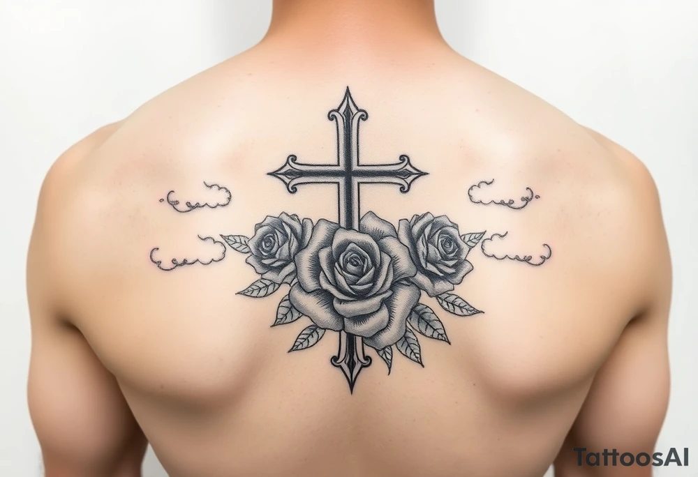 orthodox cross , palm , rose , clouds tattoo idea