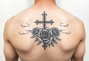 orthodox cross , palm , rose , clouds tattoo idea
