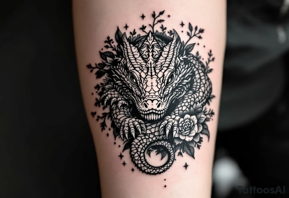 powerful majestic big reptile, surrounded by floral ornaments tattoo idea