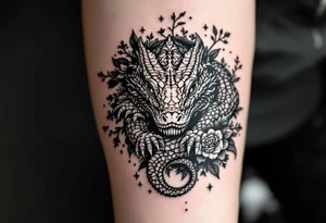 powerful majestic big reptile, surrounded by floral ornaments tattoo idea