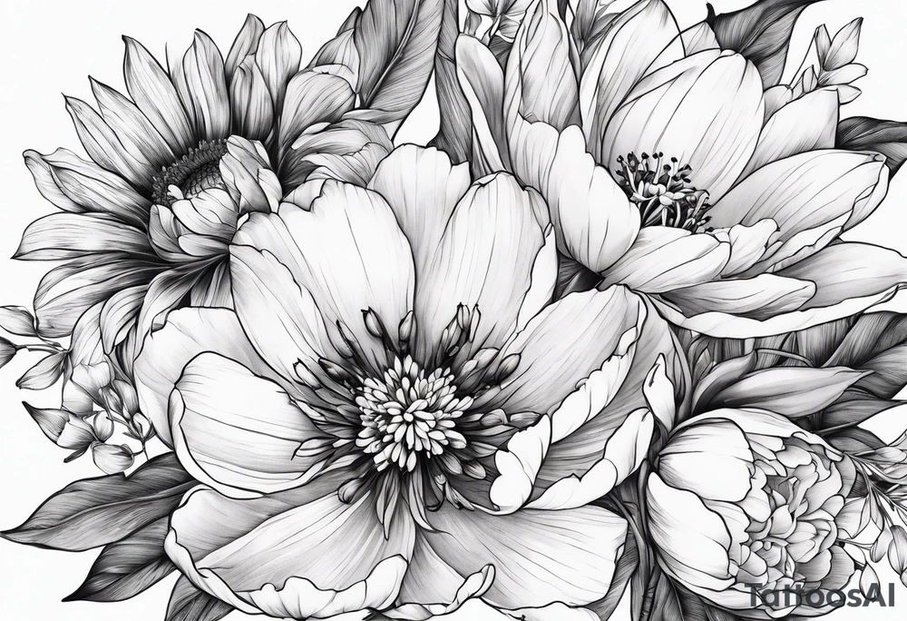 One flower of Peony, tulip, sunflower, cherry blossom and Lily bouquet tattoo idea