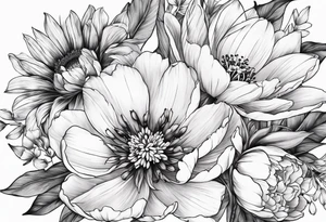 One flower of Peony, tulip, sunflower, cherry blossom and Lily bouquet tattoo idea