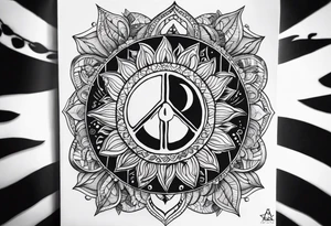 Arm sleeve tattoo with spiritual symbols, sun and moon, 7 chakras, peace symbol and strength that is a mixture of the divine feminine and masculine tattoo idea