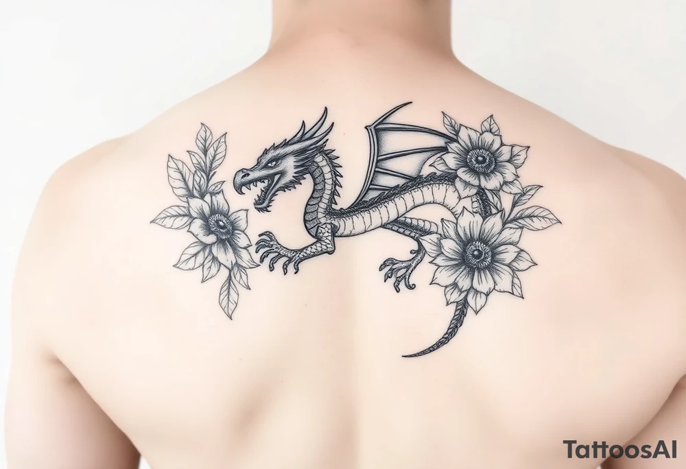 feminine dragon with floral design around it tattoo idea