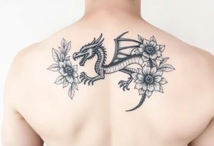 feminine dragon with floral design around it tattoo idea