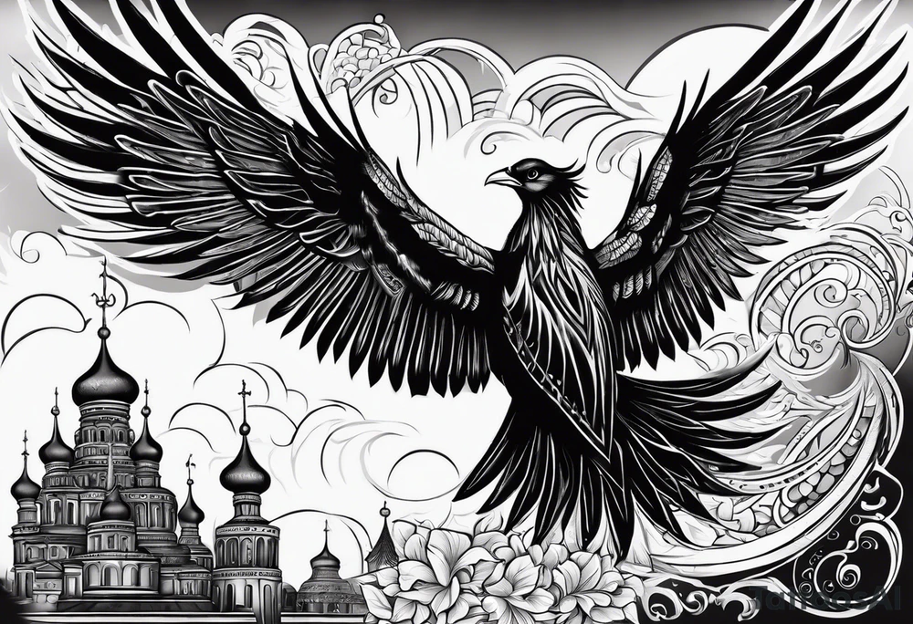 russian firebird in-flight with long fancy tail and 3 small onion cap monastery towers in background, with "Isaiah 43: 18-19" tattoo idea