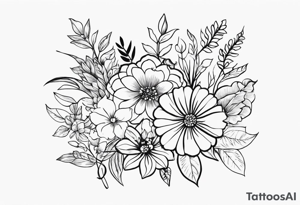 Nimna (May), Ramya (October), Dhanapala(December), Ishara (August)
create the flower bouquet with my family names and birth months tattoo idea