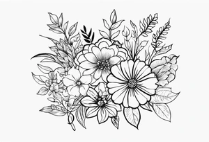 Nimna (May), Ramya (October), Dhanapala(December), Ishara (August)
create the flower bouquet with my family names and birth months tattoo idea