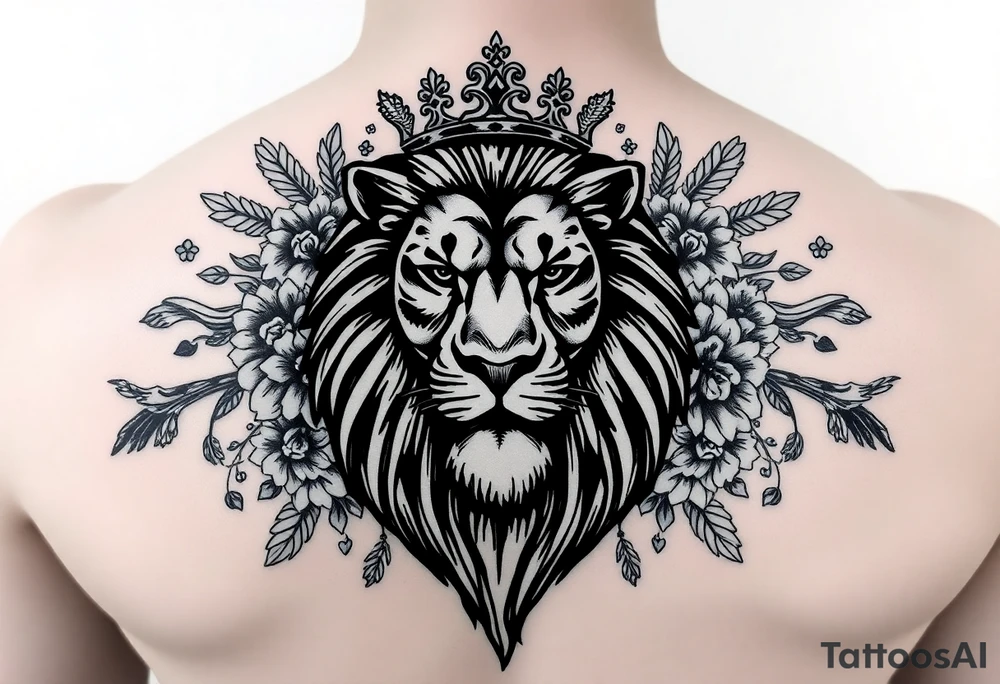 powerful majestic lion with a crown, surrounded by floral ornaments and birds tattoo idea