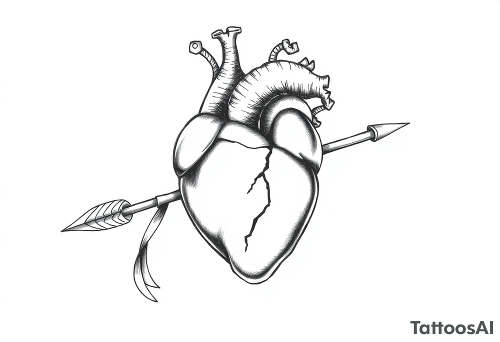 anatomical heart pierced by ornate arrow with flowing ribbons tattoo idea