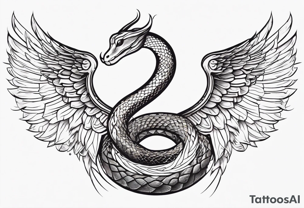 A detailed depiction of a snake with a radiant halo above its head and elegant wings extending from its sides. tattoo idea