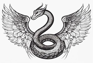 A detailed depiction of a snake with a radiant halo above its head and elegant wings extending from its sides. tattoo idea