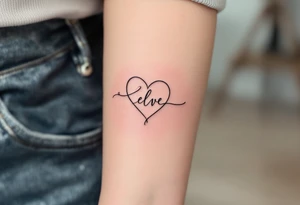 A delicate, outline heart with a flowing ribbon, containing the couple’s names in elegant cursive, with soft pastel pink and gold accents. tattoo idea