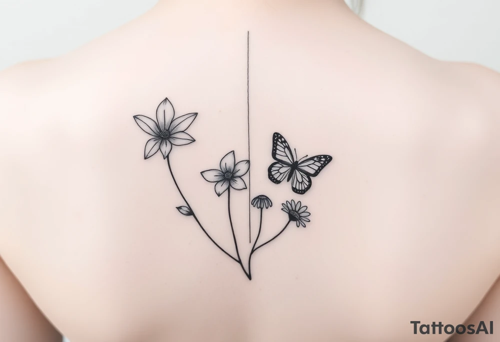 Vertical line down the middle

Water lily, honeysuckle, narcissus, violet and a daisy

Small butterflies tattoo idea