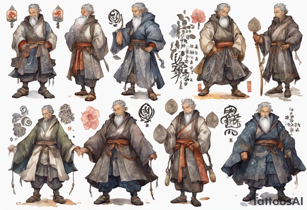 a tall, handsome middle-aged man with salt-and-pepper hair, brown skin, grey eyes wearing medieval clothing standing tattoo idea