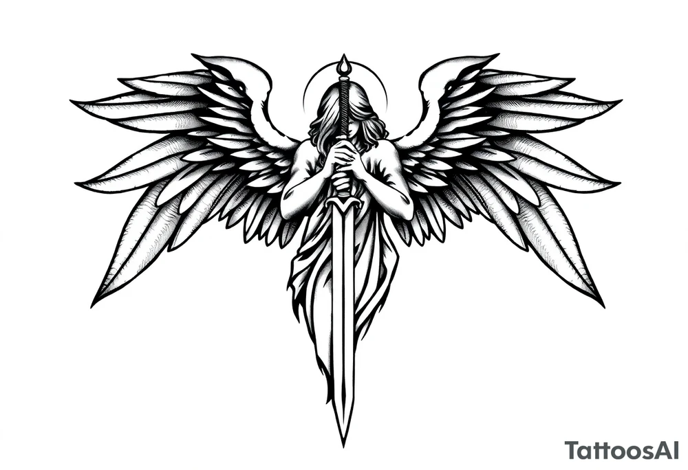 Angel with two wings that are covering its face, two wings covering its feet, and two flying out at its sides while the angel holds a sword tattoo idea