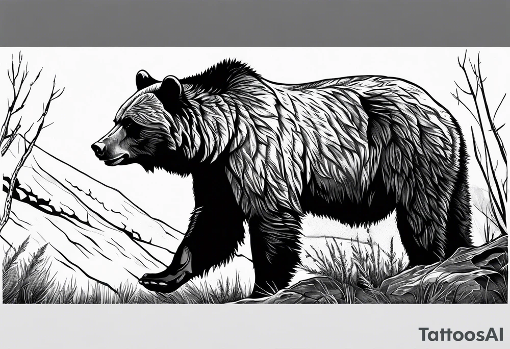 A grizzly bear scene hunting a wolf in the wild tattoo idea A grizzly bear scene hunting a wolf in the wild tattoo idea